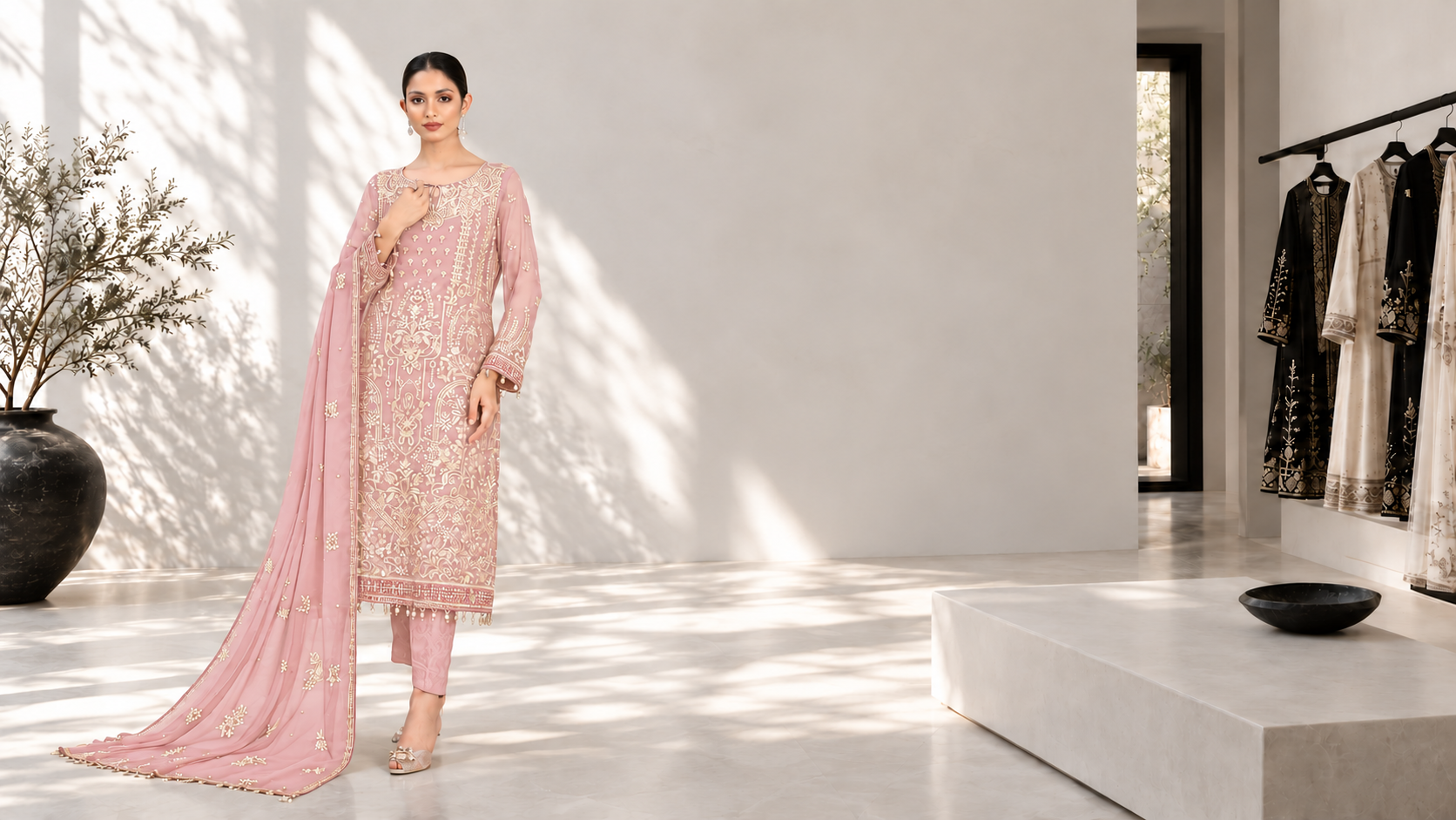 Model in a light pink embroidered suit inside a minimal black-and-white boutique